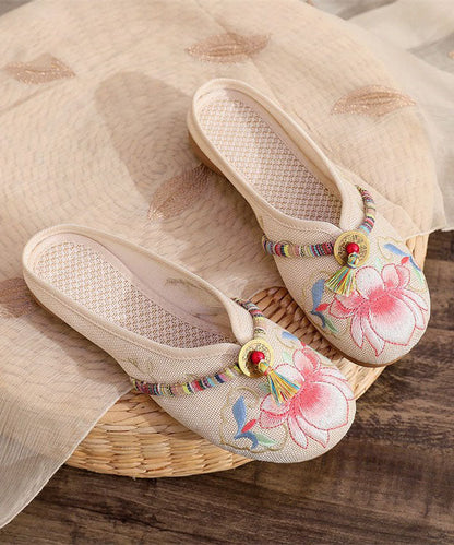 Beige Linen Tassel Embroidery Women Splicing Flat Slide Sandals LY7706 Ada Fashion