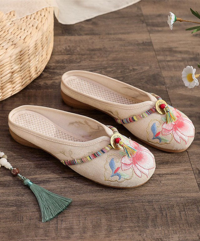 Beige Linen Tassel Embroidery Women Splicing Flat Slide Sandals LY7706 Ada Fashion