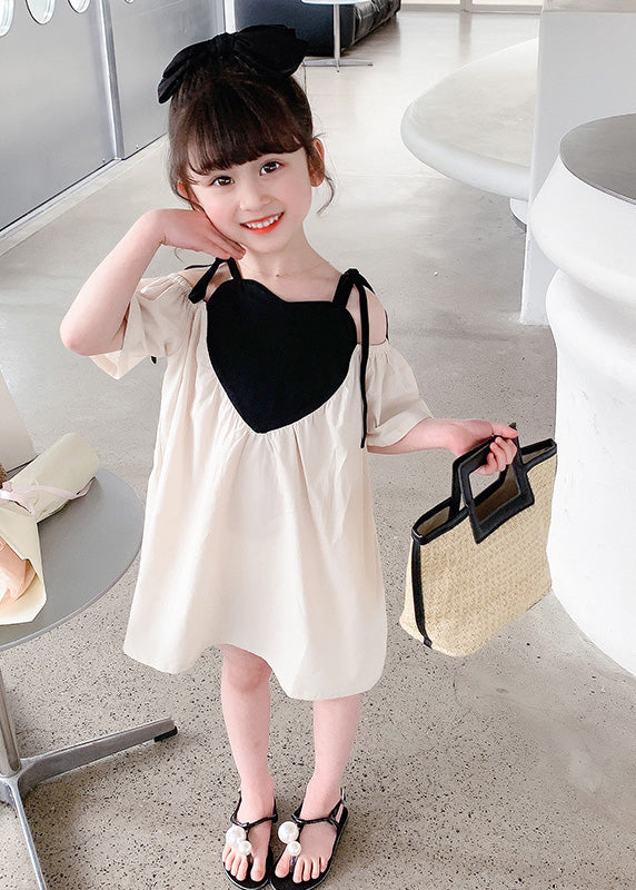 Beige Love Patchwork Cotton Girls Slip Mid Dress Summer LY5457 - fabuloryshop