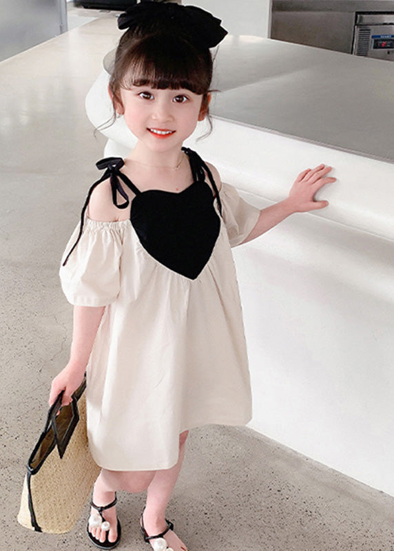 Beige Love Patchwork Cotton Girls Slip Mid Dress Summer LY5457 - fabuloryshop