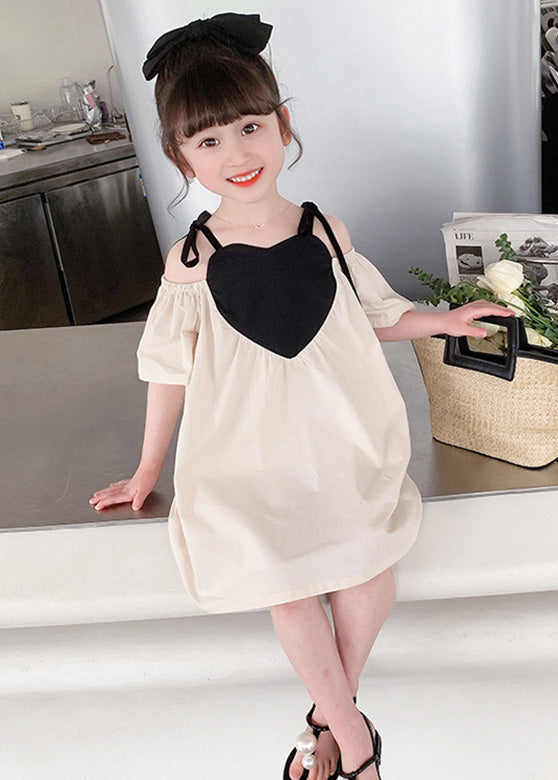 Beige Love Patchwork Cotton Girls Slip Mid Dress Summer LY5457 - fabuloryshop