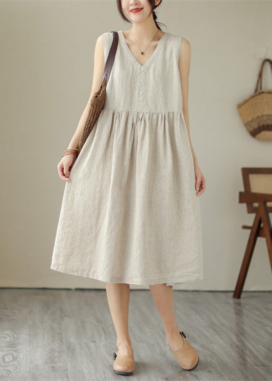 Beige O-Neck Solid Cotton Long Dress Sleeveless LY4502 - fabuloryshop