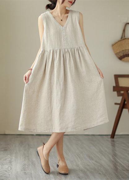 Beige O-Neck Solid Cotton Long Dress Sleeveless LY4502 - fabuloryshop