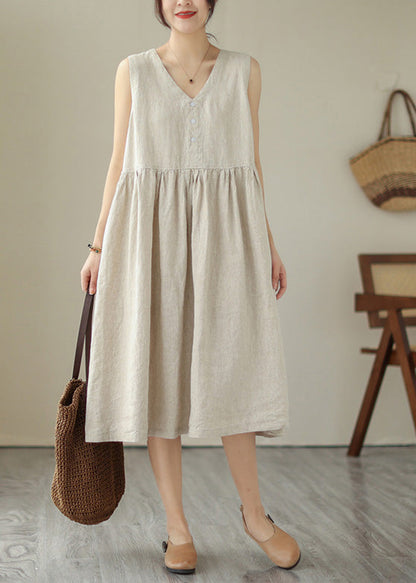 Beige O-Neck Solid Cotton Long Dress Sleeveless LY4502 - fabuloryshop