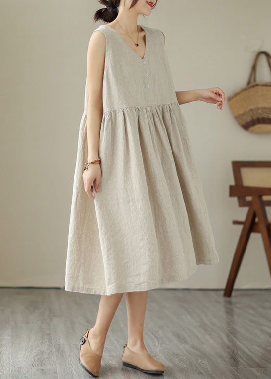 Beige O-Neck Solid Cotton Long Dress Sleeveless LY4502 - fabuloryshop