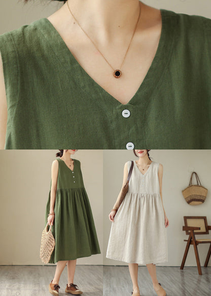 Beige O-Neck Solid Cotton Long Dress Sleeveless LY4502 - fabuloryshop