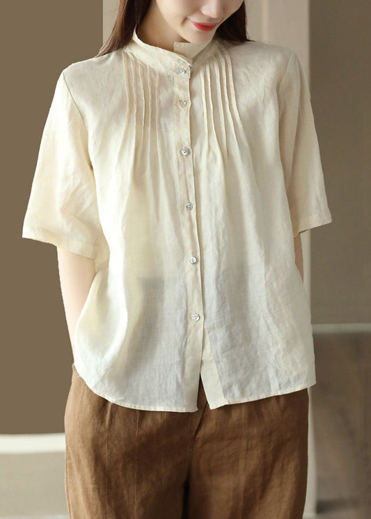 Beige Patchwork Linen Shirt Tops Wrinkled Button Half sleeve LY6181 - fabuloryshop