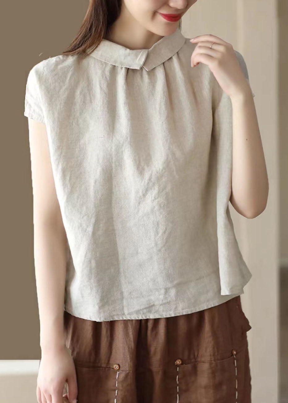 Beige Patchwork Linen Tops Peter Pan Collar Wrinkled Button Summer Ada Fashion