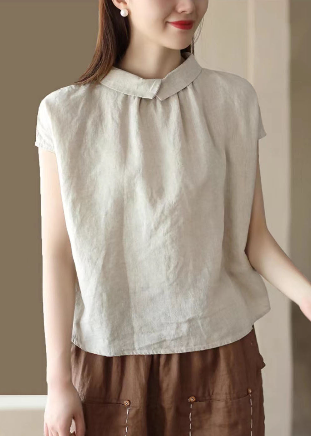 Beige Patchwork Linen Tops Peter Pan Collar Wrinkled Button Summer Ada Fashion