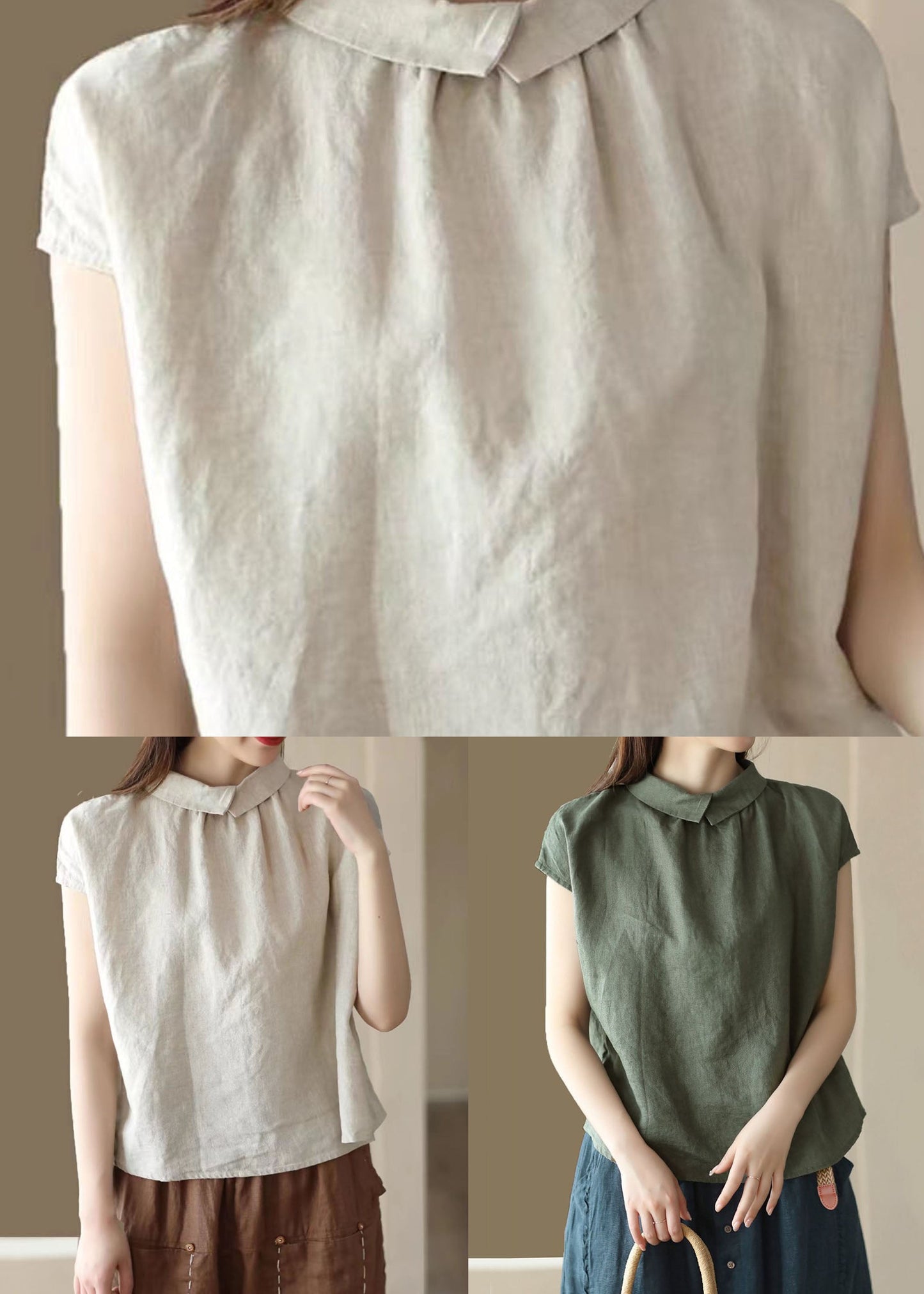 Beige Patchwork Linen Tops Peter Pan Collar Wrinkled Button Summer Ada Fashion