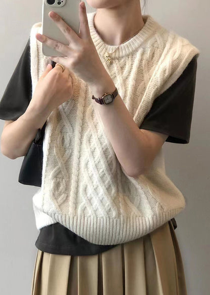 Beige Patchwork Loose Knit Waistcoat Top O Neck Fall Ada Fashion