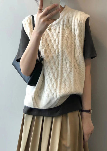 Beige Patchwork Loose Knit Waistcoat Top O Neck Fall Ada Fashion