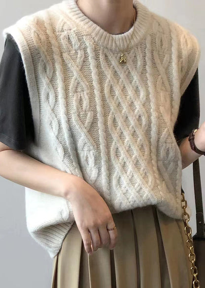 Beige Patchwork Loose Knit Waistcoat Top O Neck Fall Ada Fashion