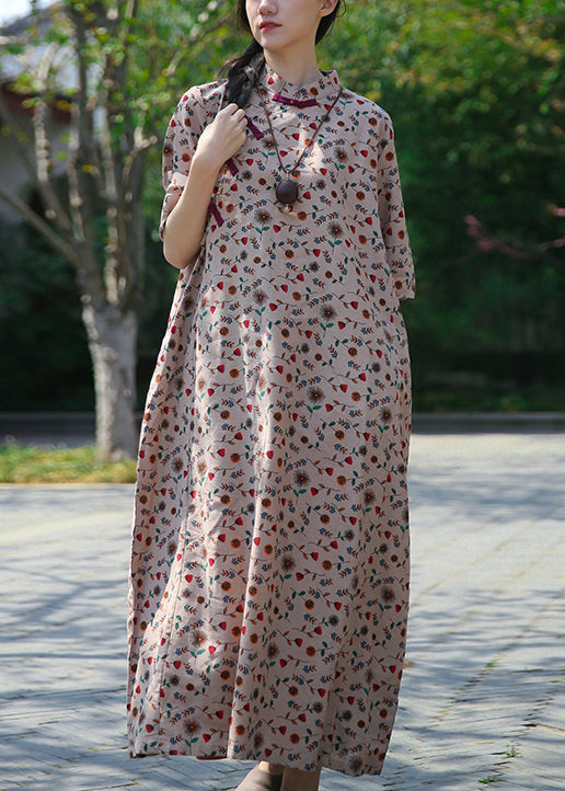 Beige Pockets Patchwork Cotton Long Dresses Stand Collar Half Sleeve Ada Fashion