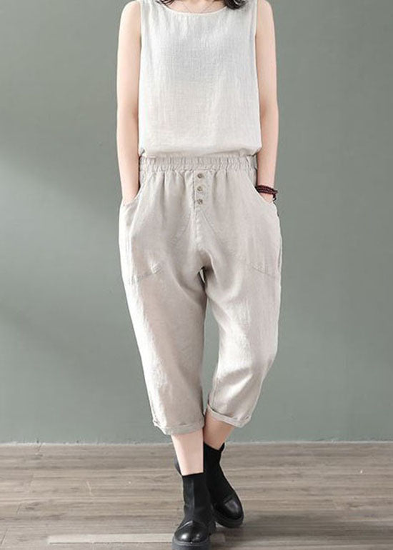Beige Pockets Patchwork Linen Crop Pants Summer LY0618
