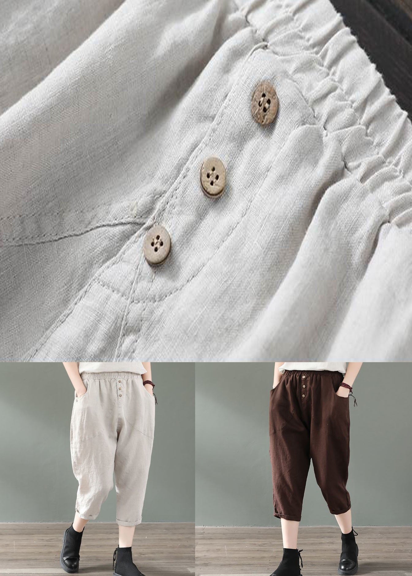 Beige Pockets Patchwork Linen Crop Pants Summer LY0618 - fabuloryshop