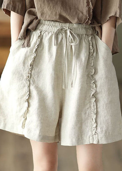 Beige Pockets Patchwork Linen Hot Pants Elastic Waist Summer LY0603 - fabuloryshop