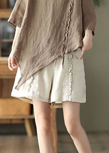 Beige Pockets Patchwork Linen Hot Pants Elastic Waist Summer LY0603 - fabuloryshop