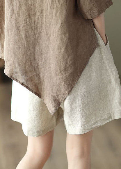 Beige Pockets Patchwork Linen Hot Pants Elastic Waist Summer LY0603 - fabuloryshop