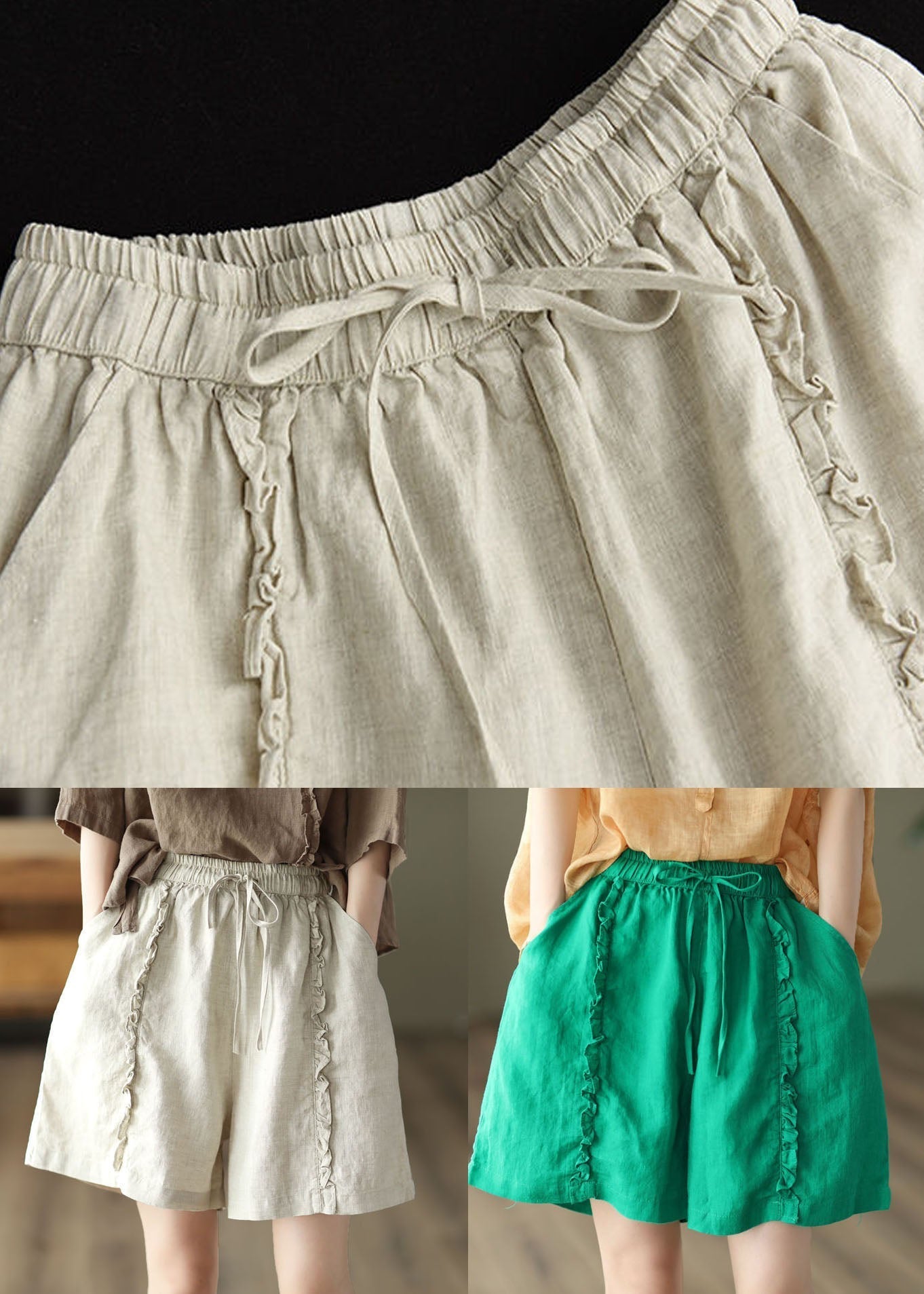 Beige Pockets Patchwork Linen Hot Pants Elastic Waist Summer LY0603 - fabuloryshop