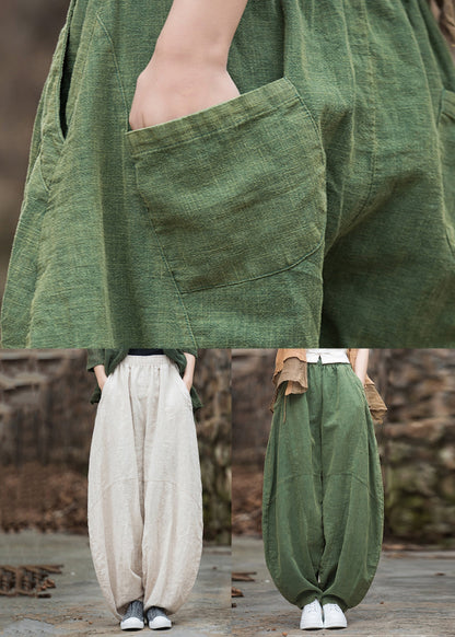 Beige Pockets Patchwork Linen Lantern  Pants Elastic Waist Fall Ada Fashion