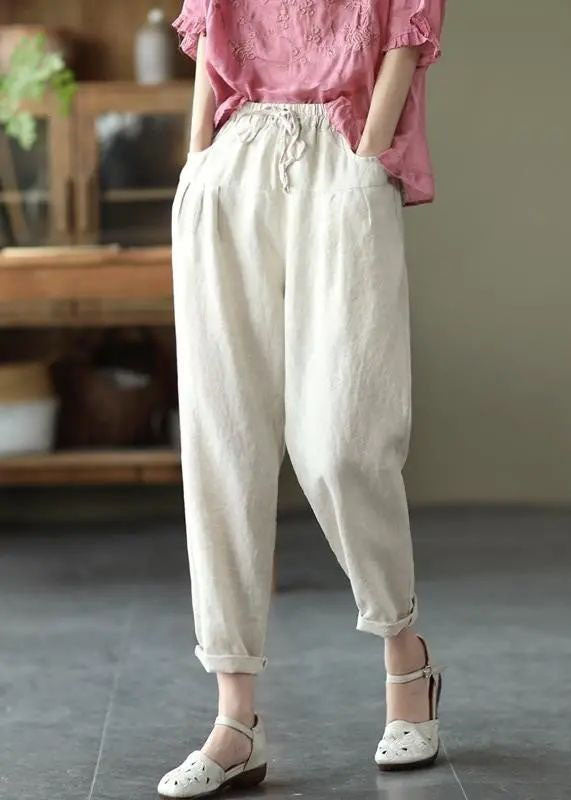 Beige Pockets Patchwork Linen Pants Elastic Waist Summer LY0628 - fabuloryshop