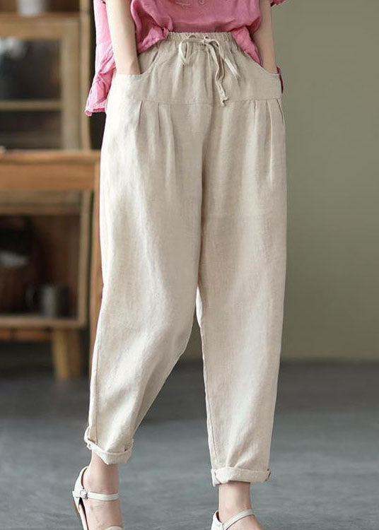 Beige Pockets Patchwork Linen Pants Elastic Waist Summer LY0628