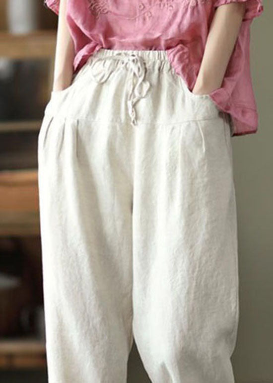 Beige Pockets Patchwork Linen Pants Elastic Waist Summer LY0628 - fabuloryshop