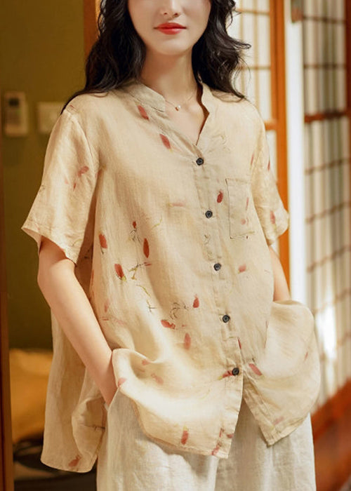 Beige Pockets Patchwork Linen Tops V Neck Short Sleeve Ada Fashion