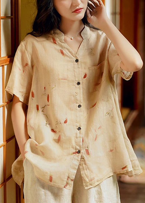 Beige Pockets Patchwork Linen Tops V Neck Short Sleeve Ada Fashion