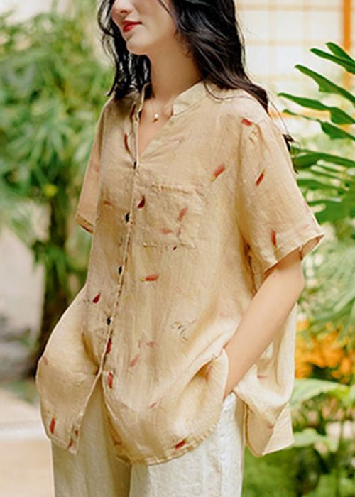 Beige Pockets Patchwork Linen Tops V Neck Short Sleeve Ada Fashion