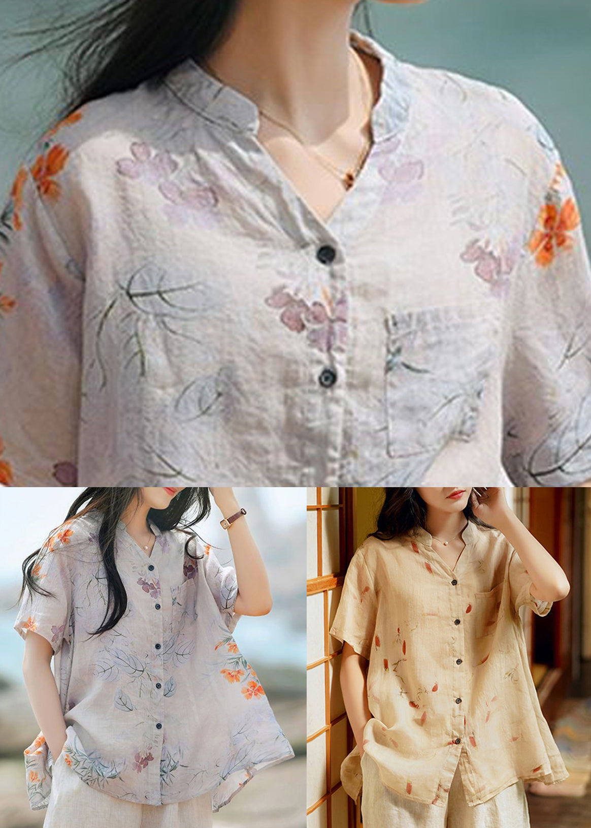 Beige Pockets Patchwork Linen Tops V Neck Short Sleeve Ada Fashion