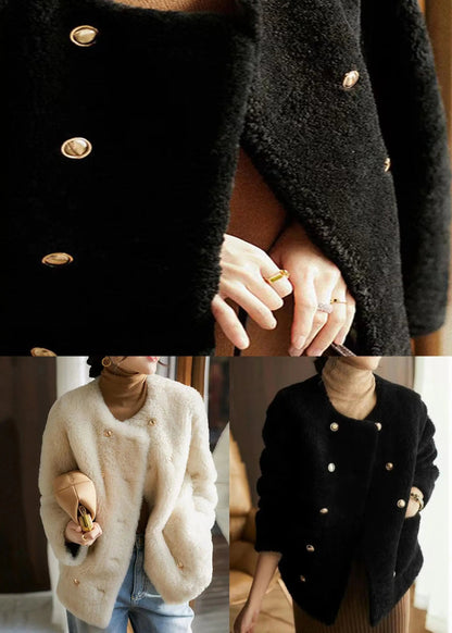 Beige Pockets Patchwork Wool Coats O Neck Button Winter Ada Fashion