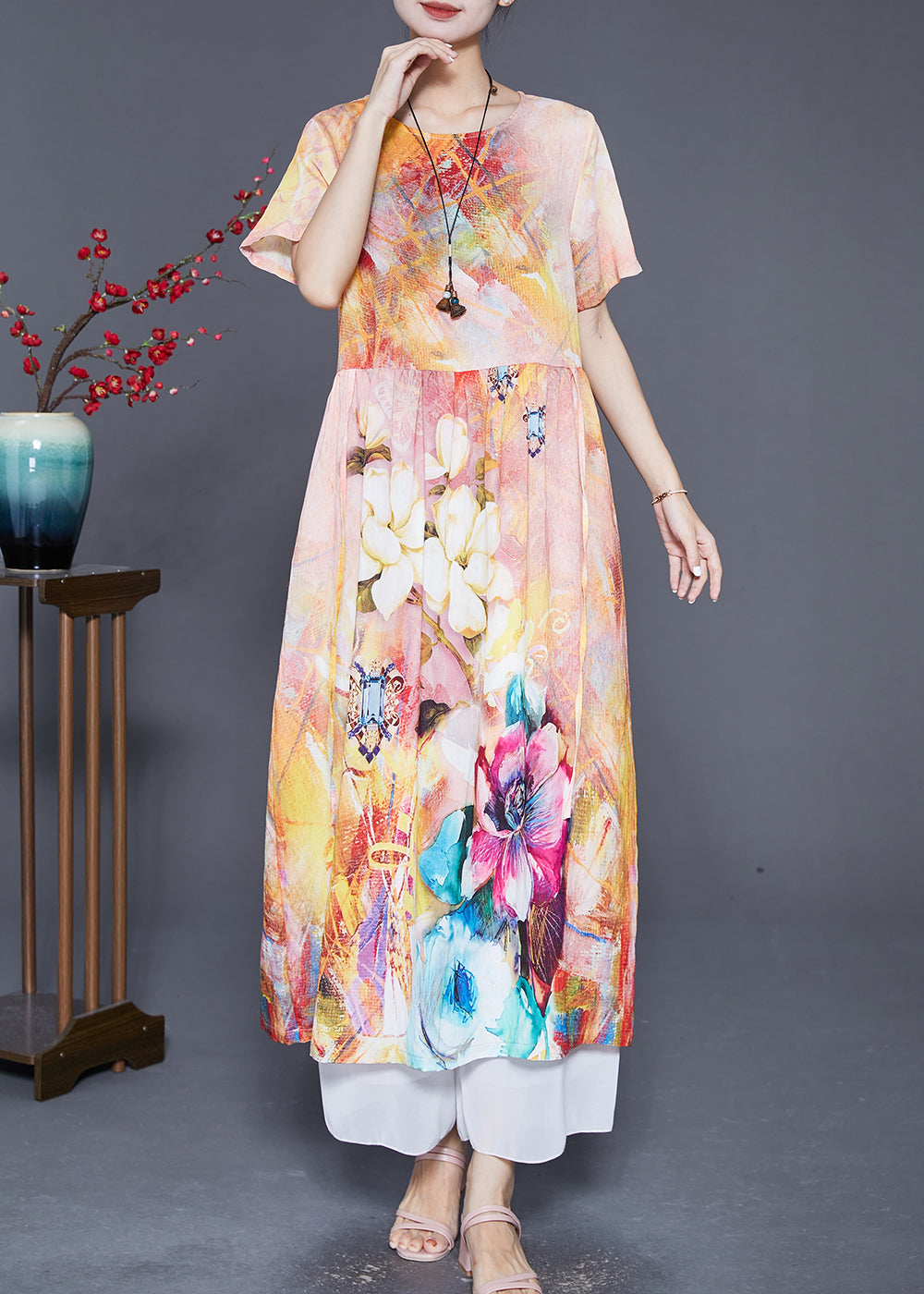 Beige Print Linen Robe Dresses Oversized Low High Design Summer Ada Fashion