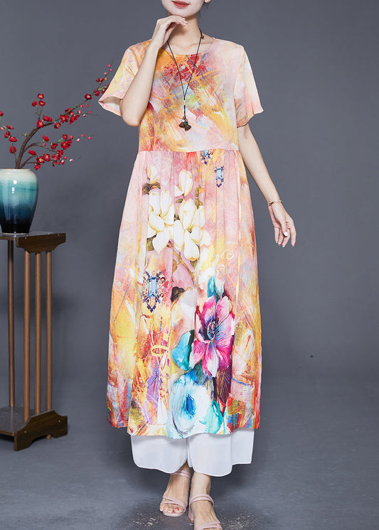 Beige Print Linen Robe Dresses Oversized Low High Design Summer Ada Fashion