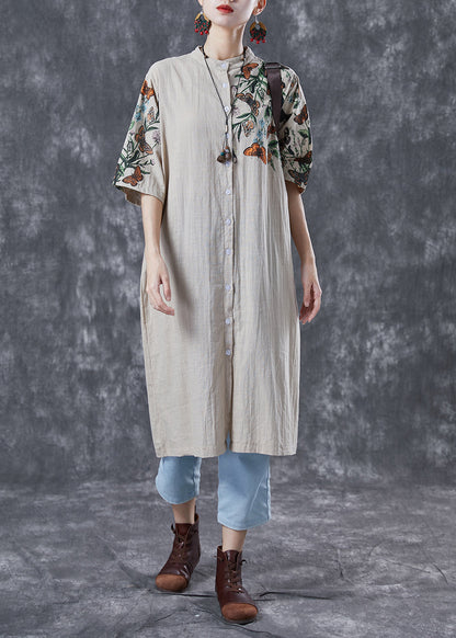 Beige Print Linen Shirt Dress Stand Collar Oversized Summer LY4132 - fabuloryshop