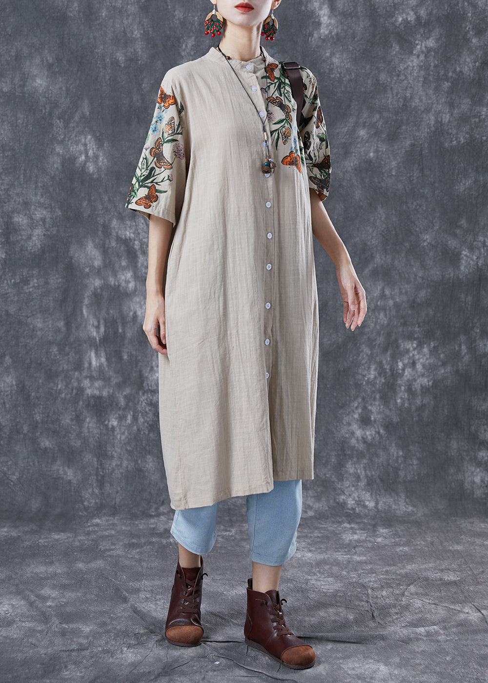 Beige Print Linen Shirt Dress Stand Collar Oversized Summer LY4132 - fabuloryshop