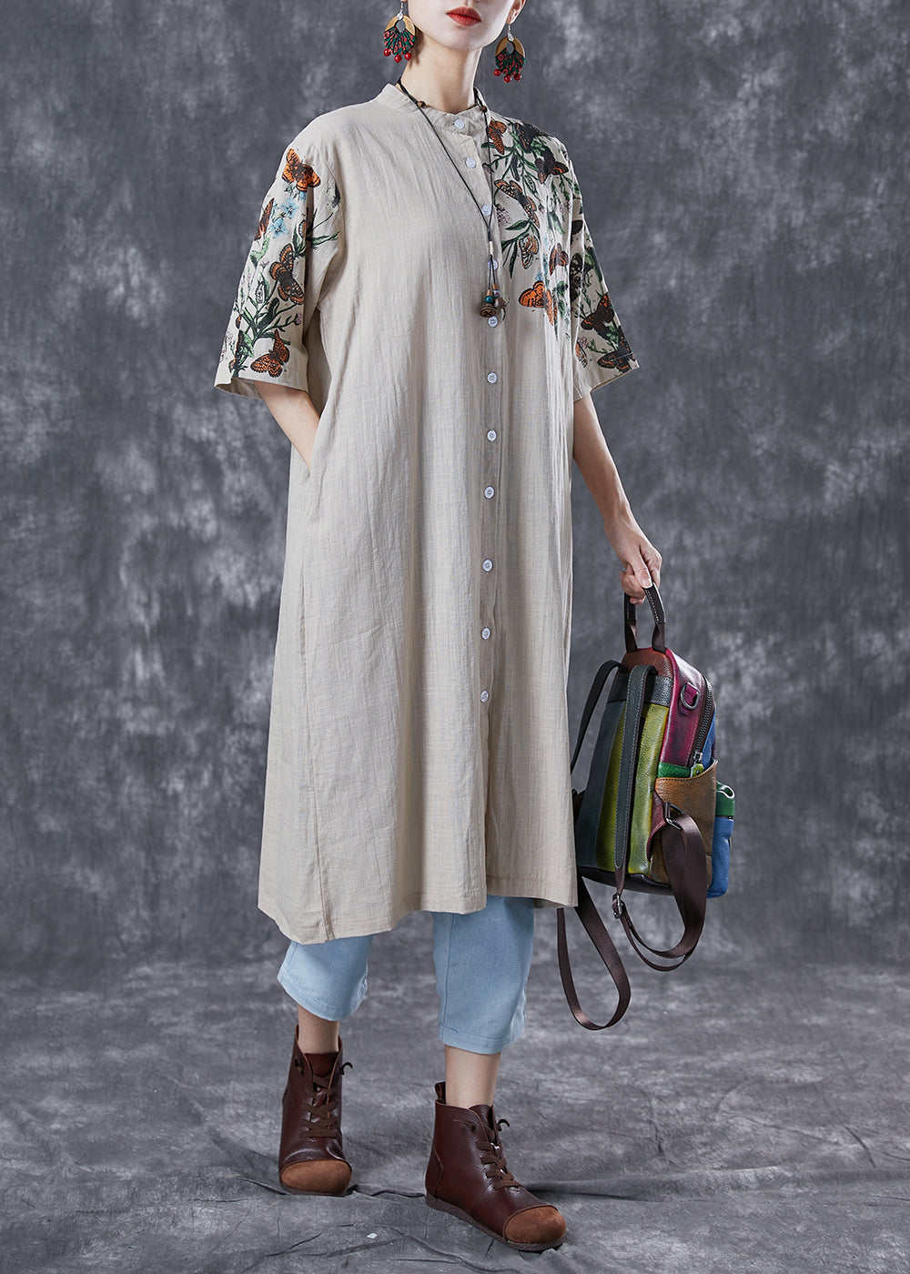 Beige Print Linen Shirt Dress Stand Collar Oversized Summer LY4132 - fabuloryshop