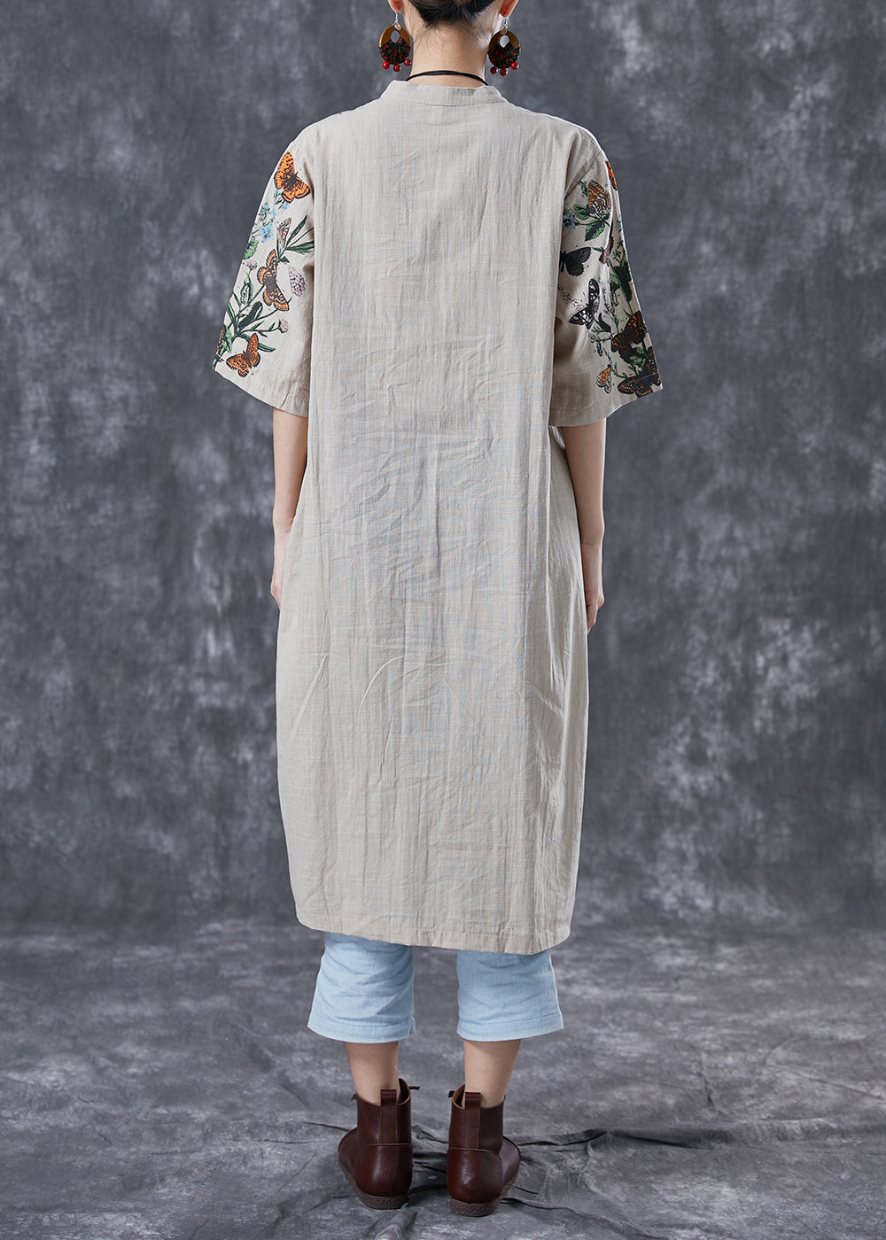 Beige Print Linen Shirt Dress Stand Collar Oversized Summer LY4132 - fabuloryshop