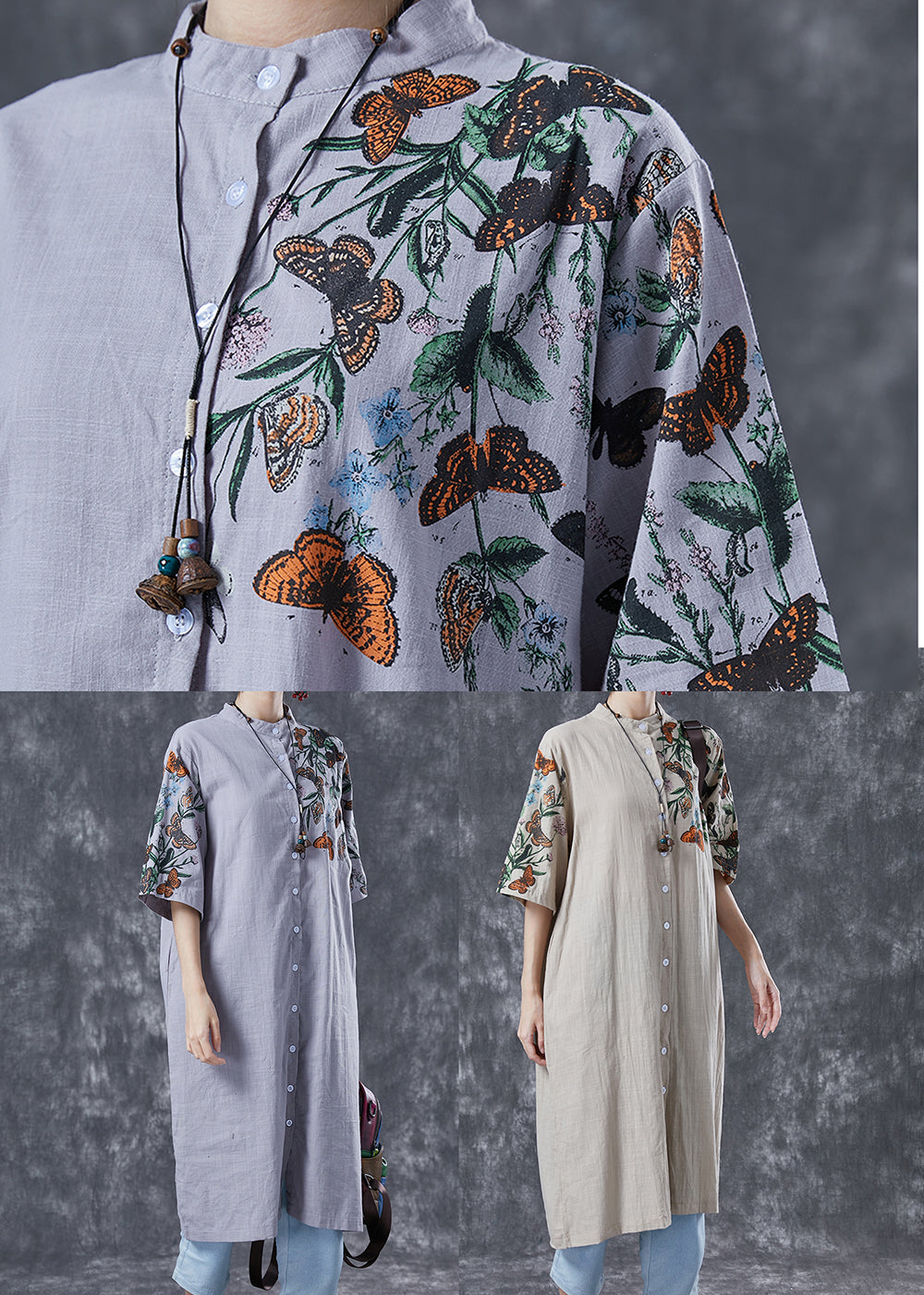 Beige Print Linen Shirt Dress Stand Collar Oversized Summer LY4132 - fabuloryshop