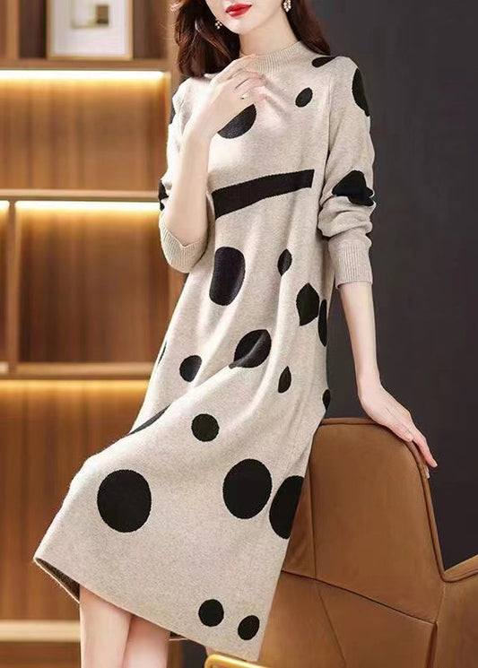 Beige Print Patchwork Woolen Long Dresses Stand Collar Fall Ada Fashion