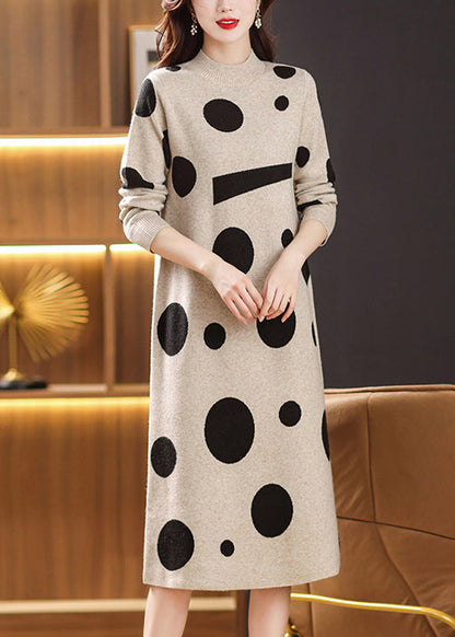 Beige Print Patchwork Woolen Long Dresses Stand Collar Fall Ada Fashion