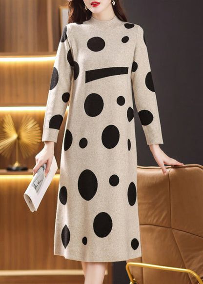 Beige Print Patchwork Woolen Long Dresses Stand Collar Fall Ada Fashion