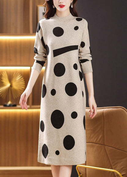 Beige Print Patchwork Woolen Long Dresses Stand Collar Fall Ada Fashion