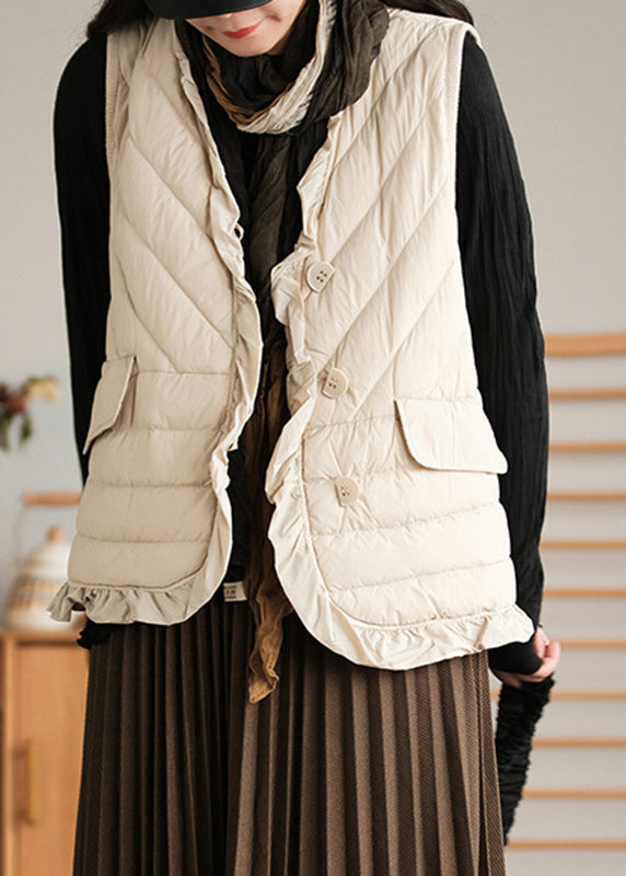 Beige Ruffled Patchwork Button Duck Down Waistcoat Sleeveless Ada Fashion