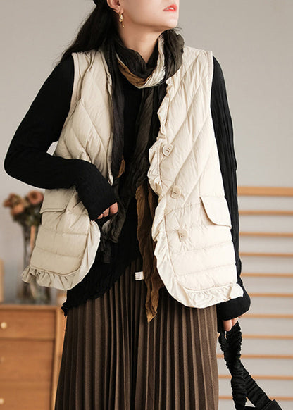 Beige Ruffled Patchwork Button Duck Down Waistcoat Sleeveless Ada Fashion