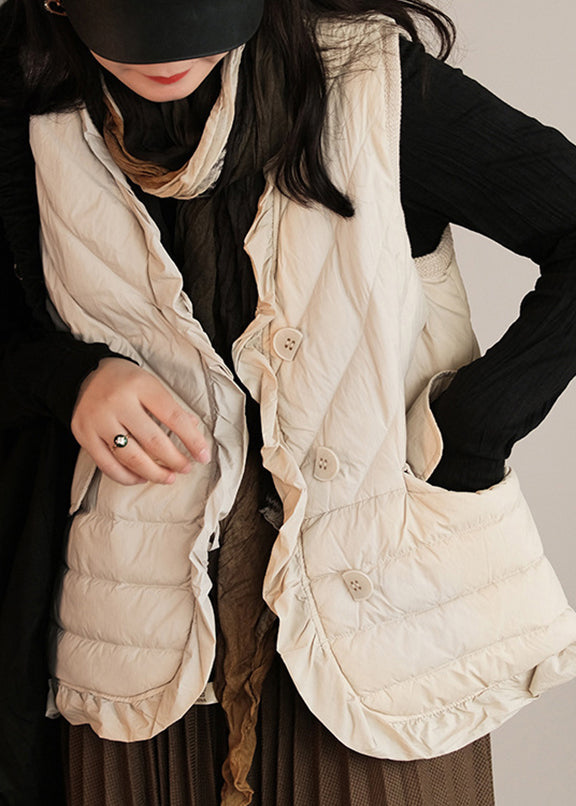 Beige Ruffled Patchwork Button Duck Down Waistcoat Sleeveless Ada Fashion