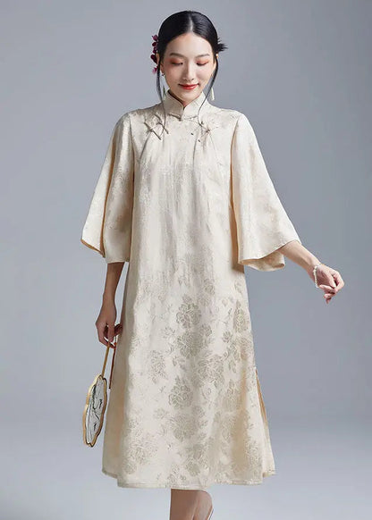 Beige Side Open Long Dress Long Sleeve Ada Fashion