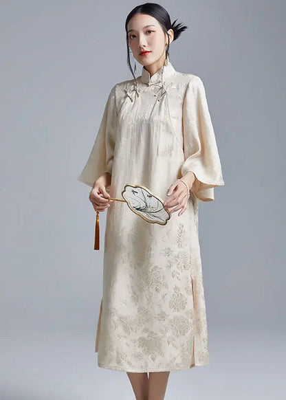 Beige Side Open Long Dress Long Sleeve Ada Fashion