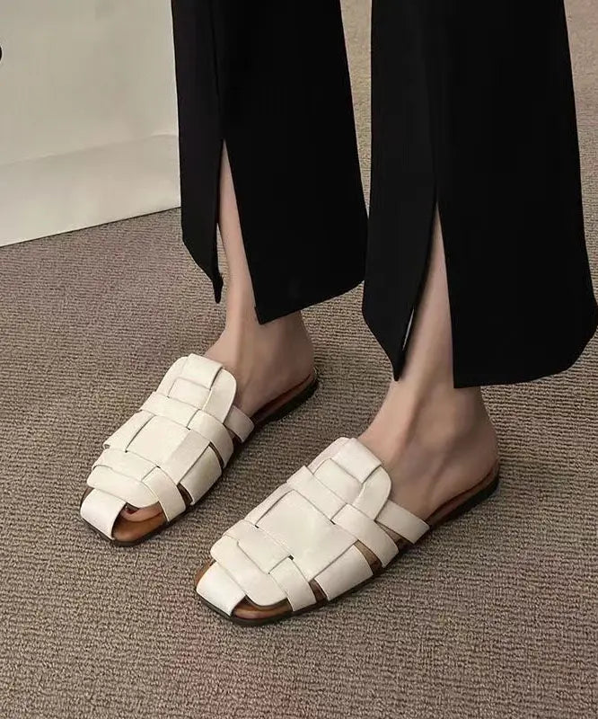 Beige Slide Sandals Faux Leather Vintage Hollow Out Splicing Ada Fashion